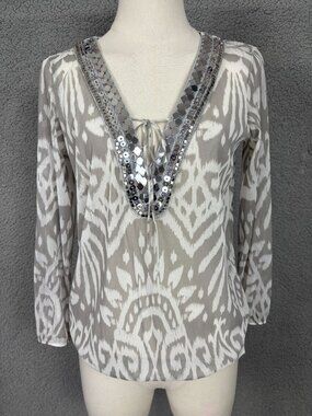 INC Women's Glam Sequin Embellished Sheer V Neck Blouse  Size XS Multi  NWT's.